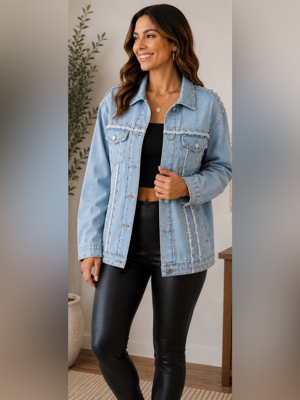 731 Light Wash Studded Distressed Denim Jacket Oversized Medium